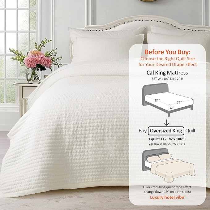 Oversized King Quilt Set 112"x106" – Soft Washed 3 - Layer Lightweight California King Bedspread, Minimalist Nordic Design, All-Season Spring & Summer Quilt Set (1 Quilt + 2 Pillow Shams), Cream White