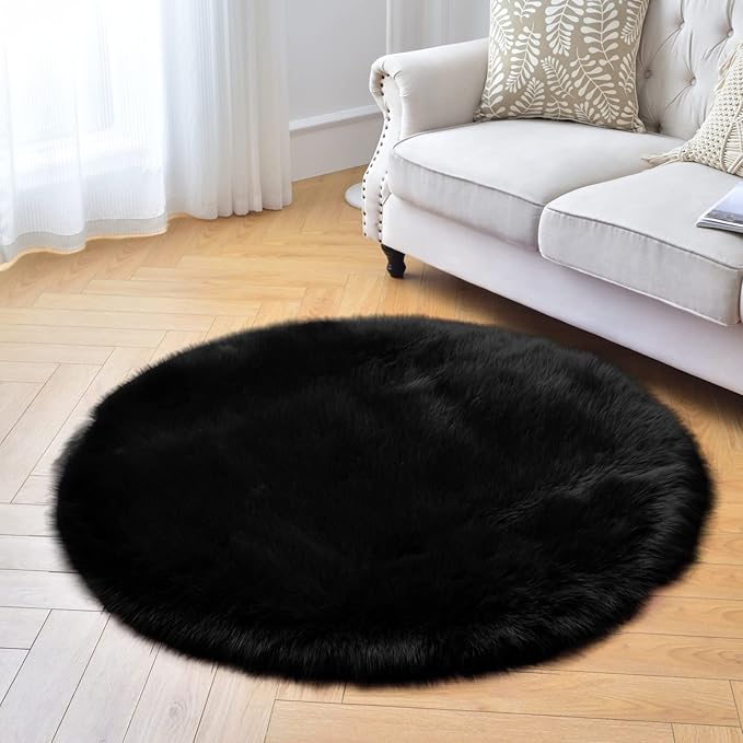 duduta Black Faux Sheepskin Round Rug 4x4 ft, Fluffy Shag Fur Bedroom Nursery Kids Playroom Rug Dorm Decor Non Slip Washable