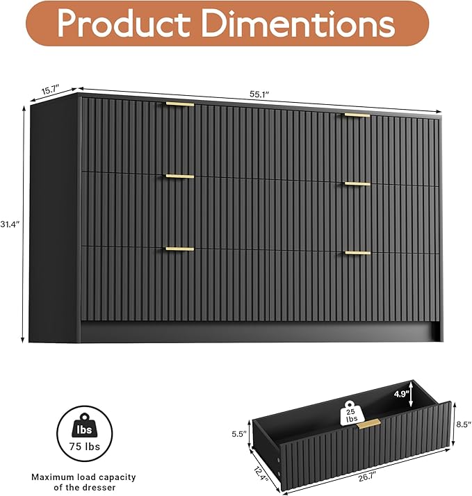 Black Dresser for Bedroom, Modern Dresser with 6 Drawers and Smooth Slides, Wide Chest of Drawers with Golden Handles for Bedroom, Living Room, Closet, 15.7" D x 55.1" W x 31.4" H