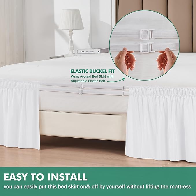 Biscaynebay Wrap Around Bed Skirts with Split Corners for Queen Beds 21" Drop, White Adjustable Elastic Dust Ruffles Easy Fit Wrinkle & Fade Resistant Silky Luxurious Fabric Machine Washable