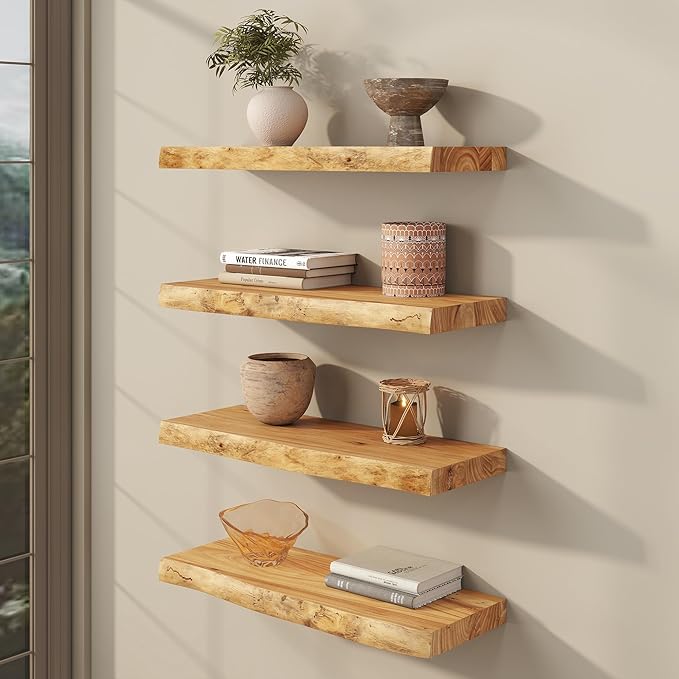 fuqing Live Edge Floating Shelves for Wall 24 inch, 8 Inch Deep Solid Elm Wood Floating Wall Shelves - Rustic Wooden Shelves with Invisible Brackets for Living Room Bedroom Kitchen, 2 Pack, Natural
