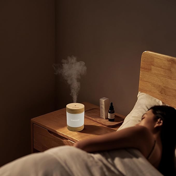 Bamboo Ultrasonic Mini Humidifier, 400ml Quiet Desktop Humidifier with Dual LED Night Light, USB-C Powered, Auto Shut-Off, Portable Small Room Air Moisturizer for Bedroom, Desk, Office & Travel