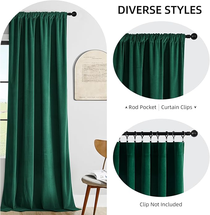 Joydeco Dark Green Velvet Curtains 84 inch Length 2 Panels Burg Set, Luxury Rod Pocket Thermal Insulated Window Blackout Curtain, Room Darkening Drapes for Living Dining Room Bedroom Privacy