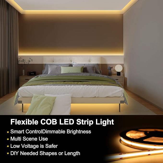 COB LED Strip Lights Warm White,24V Dimmable led Light Strip KIT with Remote and app Control,3000K 50FT/15m 8mm Wide Ra>90 Cuttable Flexible Strip Lights for Bedroom,Wardrobe,Cabinet