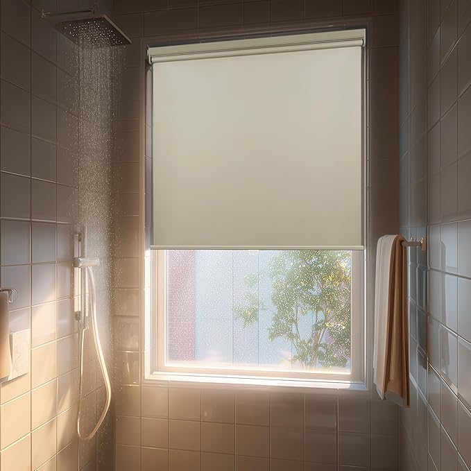 HESTIA No Drill Cordless Blackout Roller Shades Screwless Waterproof Shower Window Blinds, Auto-Retraction Easy Install Blind for Bathroom/Kitchen/Office/Exterior, Cream, 37.5" W x 54" H