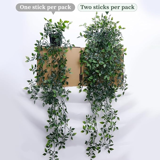 Artificial Hanging Plants for Shelf, 2-Pack Fake Potted Greenery Faux Mandala Vines in Black Pot, Décor for Office Living Room Bathroom Indoor Outdoor
