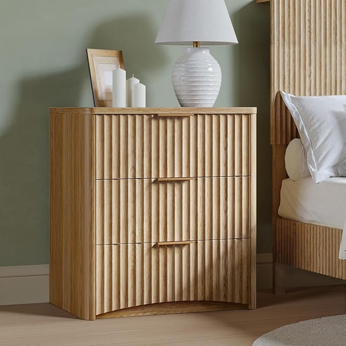 Evermagin Fluted Nightstand, Natural Oak Bedside Table with 3 Drawers, Wood End Table with Storage Mid Century Modern, Large Night Stand for Bedroom