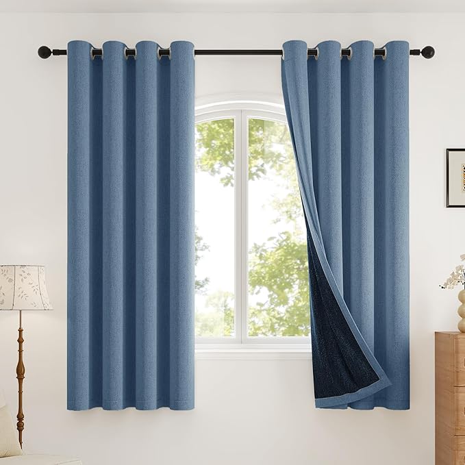 100% Blackout Curtains Thick Soft Curtain 2 Panels for Bedroom, Linen-Look Textured Full Light Blocking Room Darkening Thermal Insulated Drapes for Bathroom/Kitchen Windows (W52xL45, Blue)