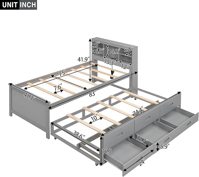 Platform Bed with Storage Headboard, USB, Twin Size Trundle and 3 Drawers, Twin Size, Gray