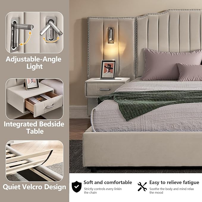 King Size Bed Frame with Storage, Luxury King Platform Bed Frame with Headboard, Velvet Fabric Upholstered Bedframe with LED Lights, Solid Frame & Bedside Table, No Box Spring Needed, Beige