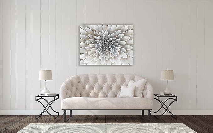 Floral Wall Art in Neutral Color Modern Canvas Decor in Glam Style Framed Artwork with Embellishment Texture Dahlia Flower Picture in White Grey Cream Hues for Office