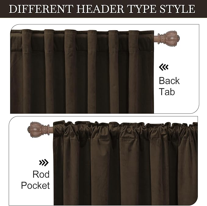RYB HOME Brown Velvet Curtains 90 inches, Back Tab Soft Fabric Blackout Thermal Insulated Luxurious Home Decor Curtains for Living Room Bedroom, W 52" x L 90", 2 Panels Set