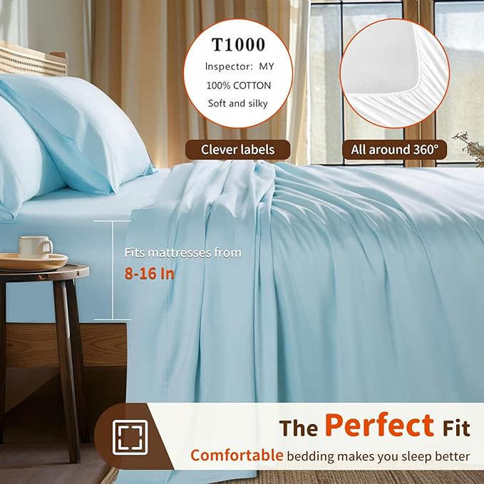 LBRO2M 1000 Thread Count 100% Egyptian Cotton Sheets Set Twin XL, 3 Piece Sets Bed Sheet Deep Pocket Sheet Set 16" Soft Comfortable All Season (Twin XL, Light Blue)