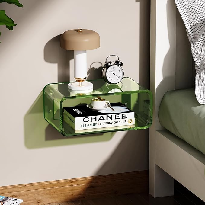 Acrylic Floating Nightstand, Bedside Table, Nightstand Shelf Wall Mounted Bedside Shelf (Green, Small)