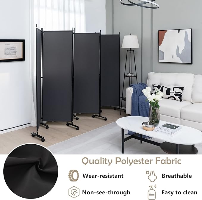GOFLAME 6 Panel Folding Room Divider, 6FT Rolling Privacy Screen with Lockable Wheels, Portable Room Partition Screen, Freestanding Wall Divider and Separator for Home Office, Grey