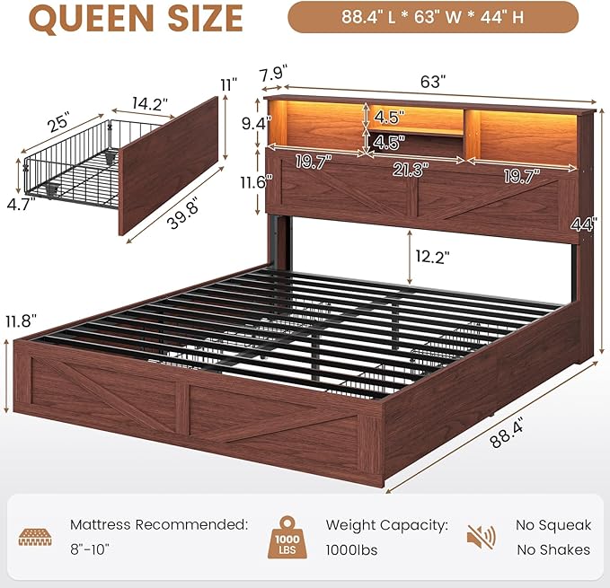 VIAGDO Farmhouse Bed Frame Queen Size with Bookcase Storage Headboard, Charging Station and LED Lights, Wooden Queen Bed Frame with 4 Drawers, Barn Door Design, No Box Spring Needed, Reddish Brown