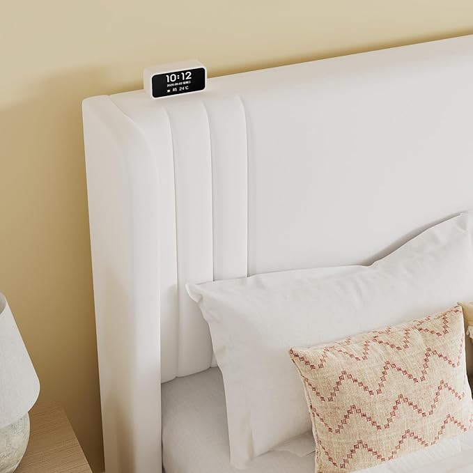 SHA CERLIN Queen Size Velvet Upholstered Platform Bed Frame with Vertical Channel Tufted Wingback Headboard, Wooden Slats Support, Easy Assembly, Under Bed Storage, No Box Spring Required, White