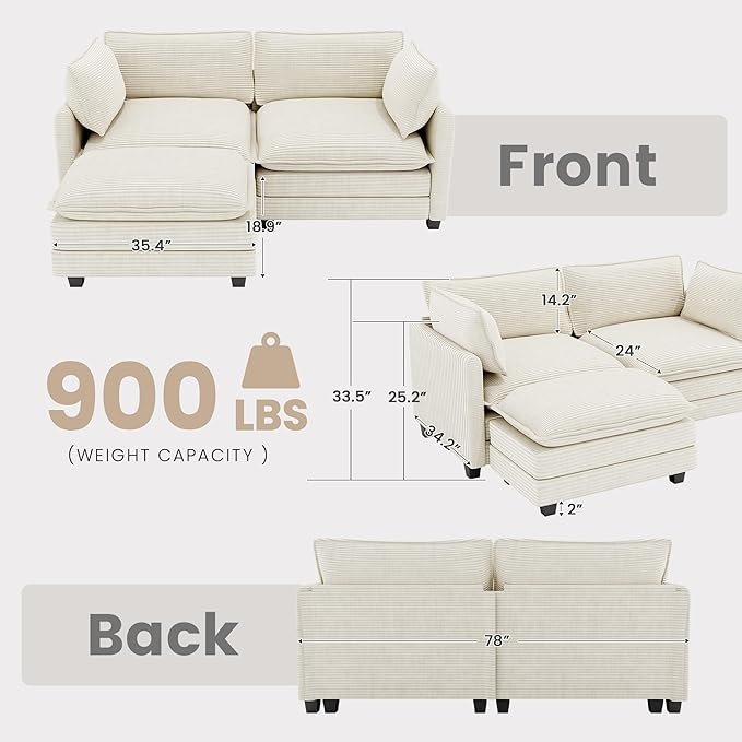78'' Modular Sectional Cloud Couch with Movable Ottoman, 3 Seat Comfy Modern Corduroy Sofa with 2 Throw Pillows, Deep Seat L Shaped Couch for Living Room Bedroom Apartment, Beige