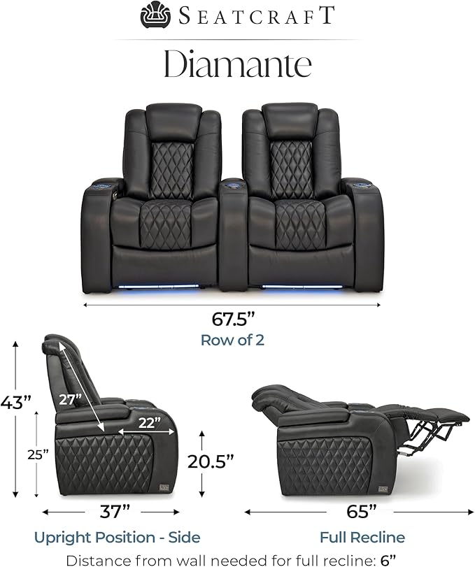 Seatcraft Diamante Zero-Gravity CoolZero Italian Leather Home Theater Seating, Power Headrest, Power Recline, Row of 2, Black