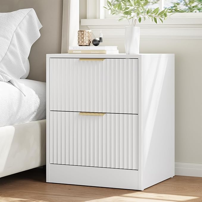 7 Drawer Dresser & Nightstand Set 3-Piece, 55” Wide Bedroom Dresser Set Night Stand Set of 2 with Metal Handle, Fluted Modern Wood Chest of Drawers Storage Dressers Set for Bedroom, White