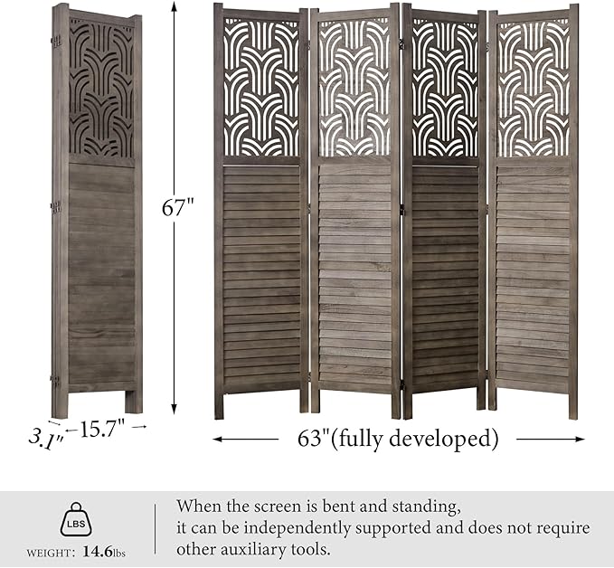 Svimi Folding Room Divider, 66.9 Inch 4 Panels Wood Carved Privacy Screens, Free Assembled Freestanding Portable Separation Wall for Home Office Restaurant Bedroom (Gray)