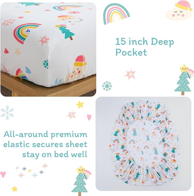 JSD Christmas Kids Sheet Set Full Size, 4 Piece Rainbow Christmas Tree Printed Microfiber Bed Sheets Deep Pocket