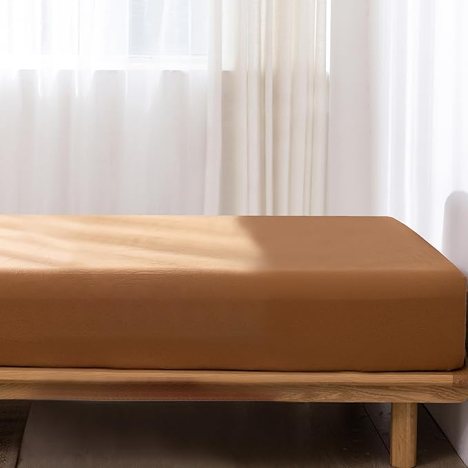 MooMee Fitted Bottom Sheet Only 100% Washed Cotton Linen Like Textured Breathable Durable Soft Comfy Deep Pocket Fits Mattress up to 17" (Dark Orange, Queen)