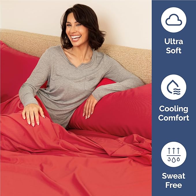 Full 6 Piece Sheet Set - Cooling, Comfy & Breathable - Hotel Luxury Bedding - Includes Fitted Sheet for Women, Men, Kids and Teens - 1 Flat, 1 Fitted Sheet, 4 Pillowcases with Deep Pockets - Red