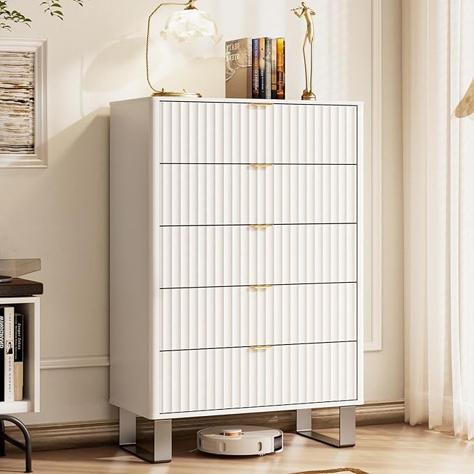Fluted 5 Drawers Dresser, 48" H Modern Country Storage Dressers with Brushed Metal Handles, Wood Storage Organizers for Living Room, Hallway, White