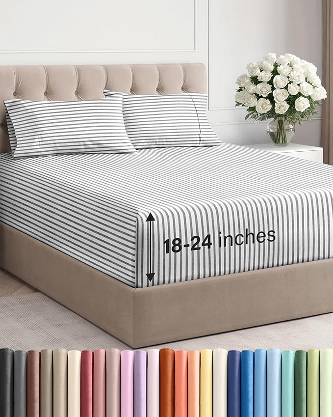 Extra Deep Twin XL Sheet Set - 4 Piece Breathable and Cooling Sheets - Hotel Luxury Bed Sheets Set - Easy Fit - Soft, Wrinkle Free and Comfy Sheets Set - Grey Striped Sheet Set with Extra Deep Pockets