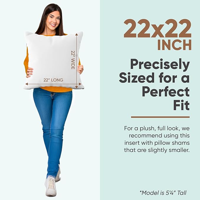 Pillowflex Synthetic Down Pillow Insert - 22x22 Down Alternative, Ultra Soft Large Square Throw Pillow, Couch Sham, Bed Sleeping - 1 Decorative Accent Form