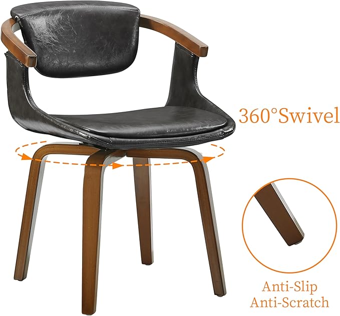 Art Leon Desk Chair No Wheels, Mid Century Modern Swivel Accent Chair, Faux Leather Home Office Desk Chair for Small Spaces Living Room Bedroom, Gray