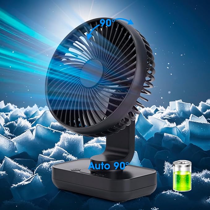 Digibond Oscillating Fan 5.1in Small Wall Mounted Oscillating Desk Fan Auto 90° Rotated Quiet 4 Speeds 4500mAh Rechargeable Battery Powered Cordless USB Fan for Indoor/Outdoor/Bedroom(Black)