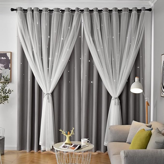 Star Curtains Double Layer Curtains Blackout Curtains for Bedroom Kids Curtains Cute Curtains, Curtains 72 Inches Long 2 Panels Set, Grey Curtains, 42 X 72 Inches