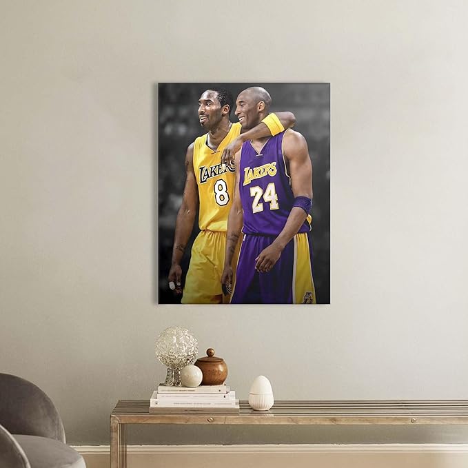 Kobe Bryant Canvas Wall Art Print Poster, Iconic Basketball Player Dual-Era Tribute Artwork, No. 8 and No. 24 Jersey Mamba Mentality Wall Decor for Home Gym Dorm Office Living Room, Framed 24x30inch