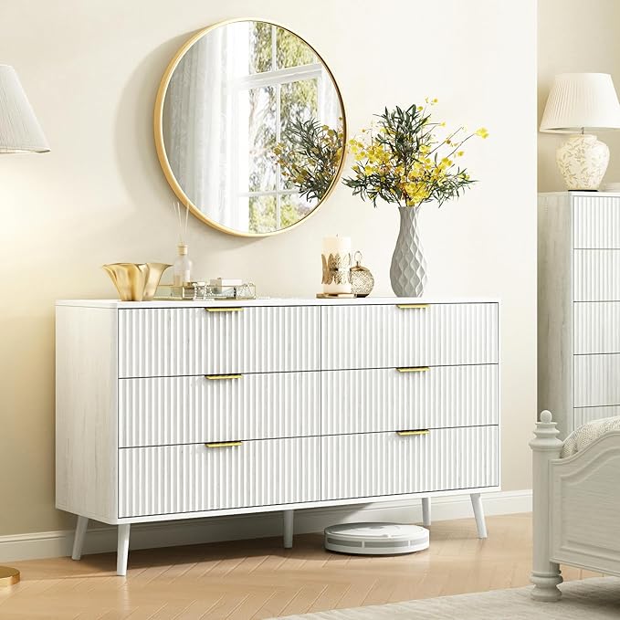 CARPETNAL Fluted 6 Drawer Dresser for Bedroom, 55" Wide Wooden Chest of Drawers with Rounded Corners, Gold Handles, Modern Storage Organizer for Bedroom, Hallway(White)