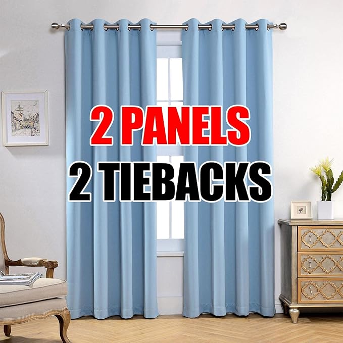 MIUCO Room Darkening Soild Grommet Blackout Curtains Panels for Nursery Window Curtains Set of 2 52x95 Inch Sky Blue, Bonus 2 Tie Backs Included