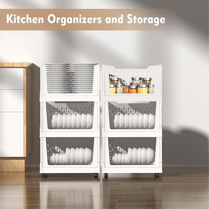 Stackable Plastic Storage Basket, 3 Pack Foldable Closet Organizers and Storage Bins with Wheels, Collapsible Drawer Shelf Storage Box Container for Office Bedroom Closet Wardrobe Kitchen Bathroom