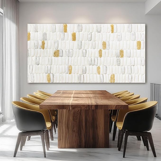 YETHEN WAL White and Gold Textured Wall Art 29x58, Hand-Painted Neutral Abstract Canvas, Gold Leaf Minimalist Oversized Wall Decor for Living Room Bedroom Office