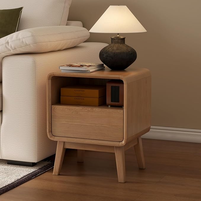 100% Solid Oak Wood Nightstand, Natural Wood Nightstand with Drawer Open Shelf, Mid Century Modern Night Stand, Small Side End Tables, Oak Bedside Table for Bedroom(16.54" Wx13.78 Dx20.47 H)