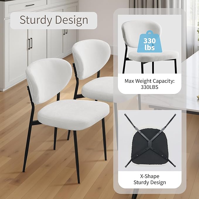 Upholstered Dining Chairs Set of 2 Modern Chenille Dining Room Chairs Wide Cushion with 58D Memory Foam Ergonomic Wingback Kitchen Chairs with Black Metal Leg for Living Room/Bedroom White