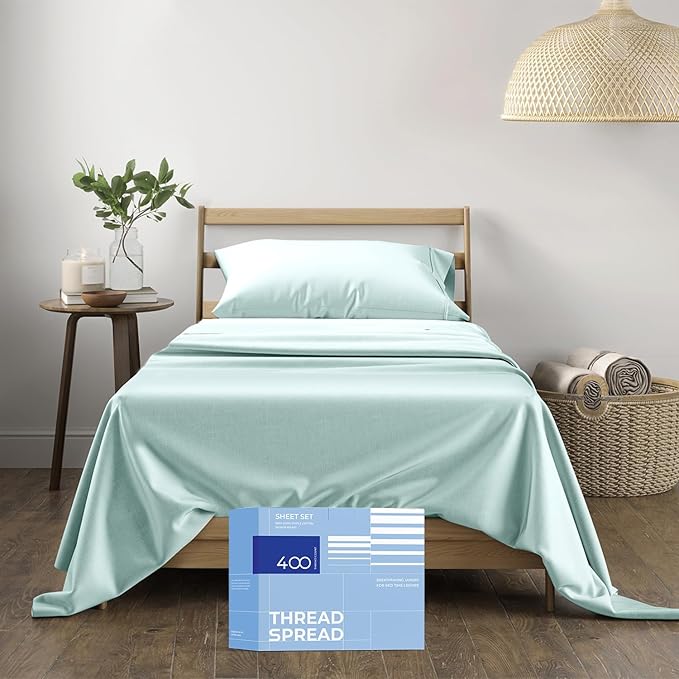 THREAD SPREAD 100% Cotton Bed Sheets Twin XL Set - 400 Thread Count Cotton Twin XL Sheets Only, 3 PC Set (Sea Foam), Soft, Breathable, Cooling, Sateen Weave 16" Deep Pocket Bedsheet for Hot Sleepers