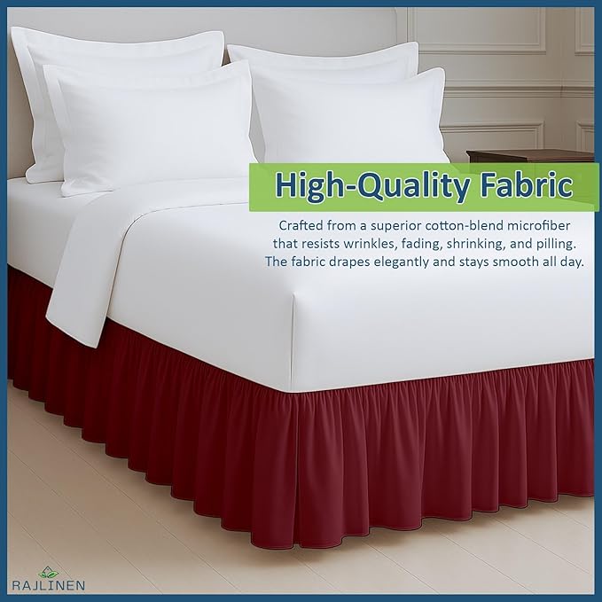 Rajlinen Ruffled Bed Skirt Full XL, 8 Inch Drop Dust Ruffle with Split Corners, 100% Microfiber Bedskirt with Platform, Three-Sided Coverage Ruffled Gathering Design, Burgundy