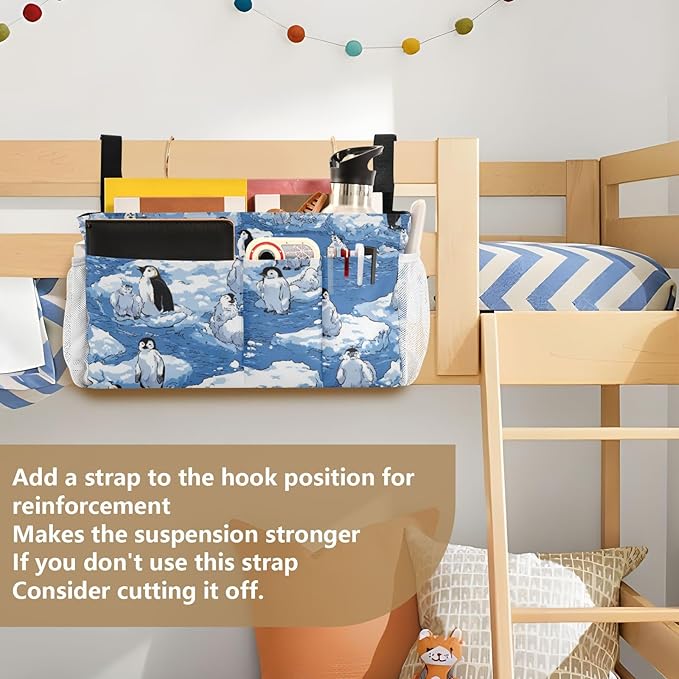 Bedside Caddy Hanging Bunk Bed Caddy Bed Organizer Hanging Pocket with 2 Hooks Bedside Storage Organizer Pocket Bag Holder Blue Penguins Ice Floes Snow Water