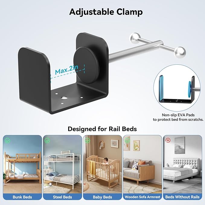 Bedside Shelf Bunk Bed Shelf Bedside Organizer Adjustable Height Top Bunk Bed Accessories Nightstand Tray with Cup Holder Clip On Bedside Table Tray Headboard Shelf Organizer College Dorm Room Black