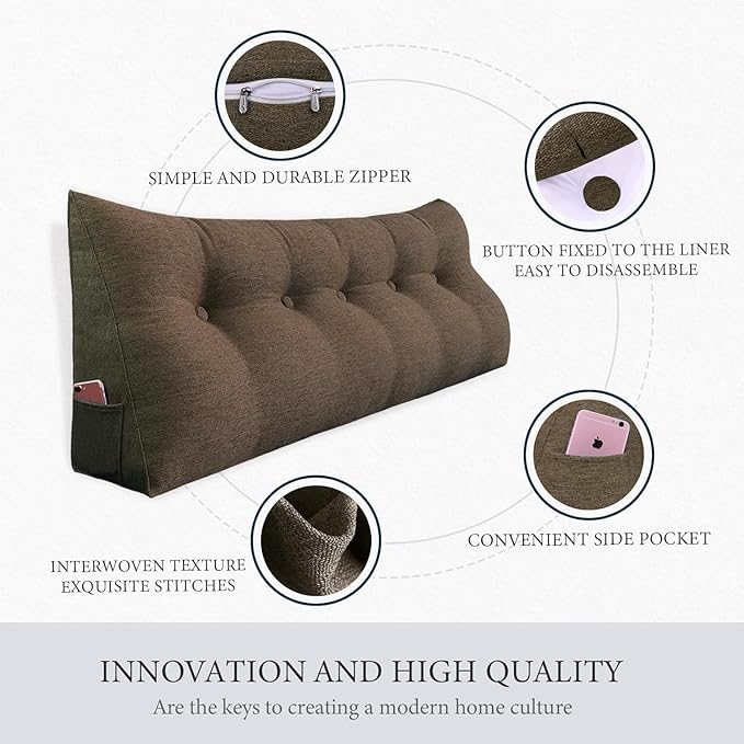 homecozy Wedge Headboard Pillow Dorm Room Reading Pillow Back Support for Sitting Up in Bed Bolster Lumbar Cushion Body Positioning Bedrest Cotton Linen 54in Coffee Full