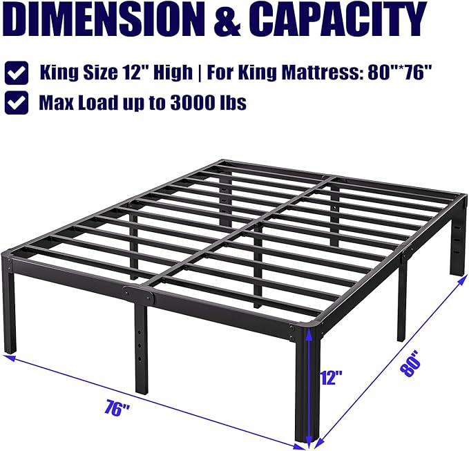 Hunlostten 12" High King Bed Frame No Box Spring Needed, Heavy Duty King Platform Bed Frame with Round Corners, Easy Assembly, Noise Free, Black