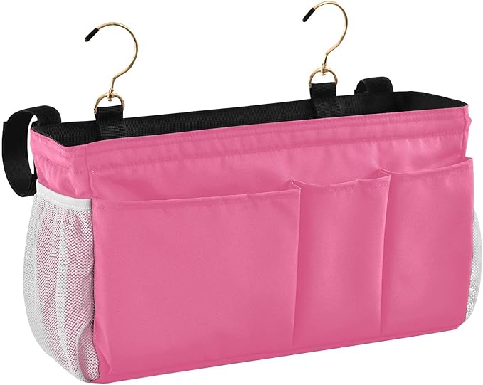 KOPIRIT Neon Rose Red Bedside Caddy Storage Bag Bedside Organizer for Dorm Room Top Bunk Bed Hanging Bag Bedside Shelf 6 Pockets with Hooks for Magazine Water Bottle Holder