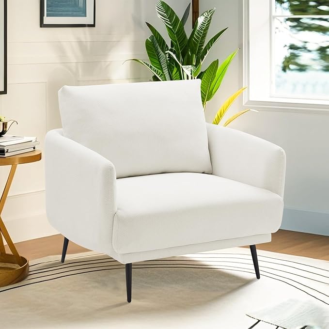 Oversized Accent Chair for Living Room Cozy Reading Chairs Mid-Century Modern Accent Chairs Armchair with Metal Legs Single Sofa Chair for Home Office (1-PCS, Polyester Fabric- Pearly White)