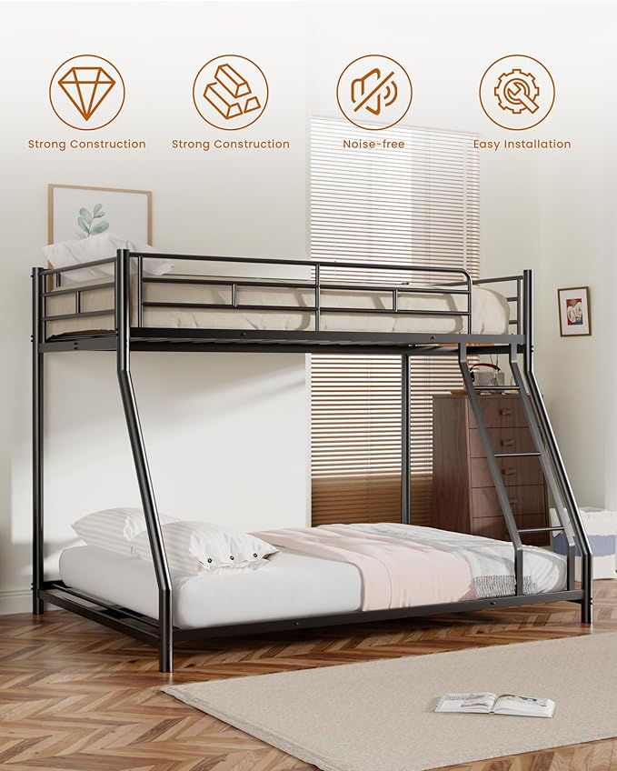 Twin Over Full Bunk Bed for Adults & Kids, Heavy Duty Bunk Beds with EVA Padded Ladder and Full-Length Guardrails, Noise-Free Metal Bed Frame, Space-Saving Design, Black